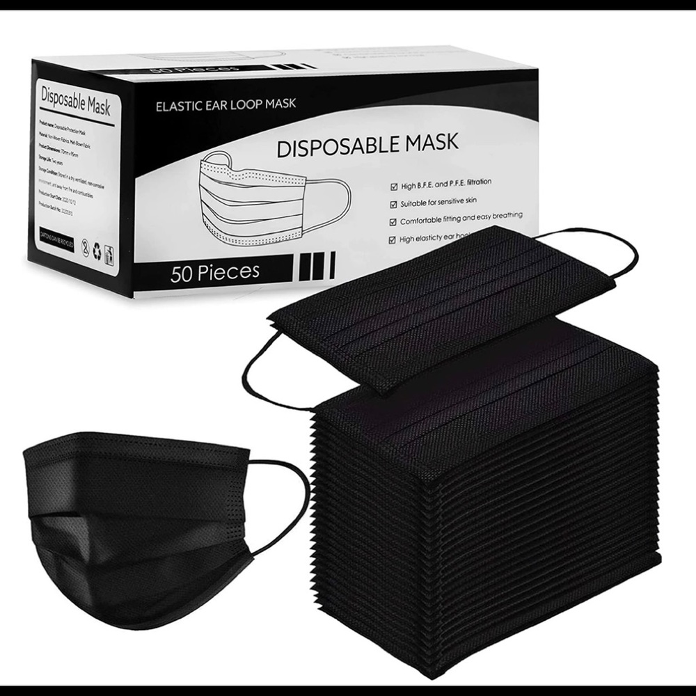 Black disposable face masks.